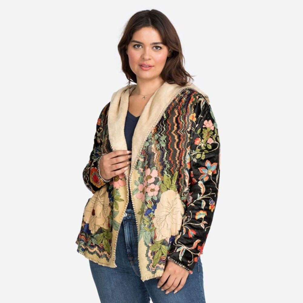 Johnny Was Biya Radley Floral Print Hooded Sherpa Jacket Womens S
